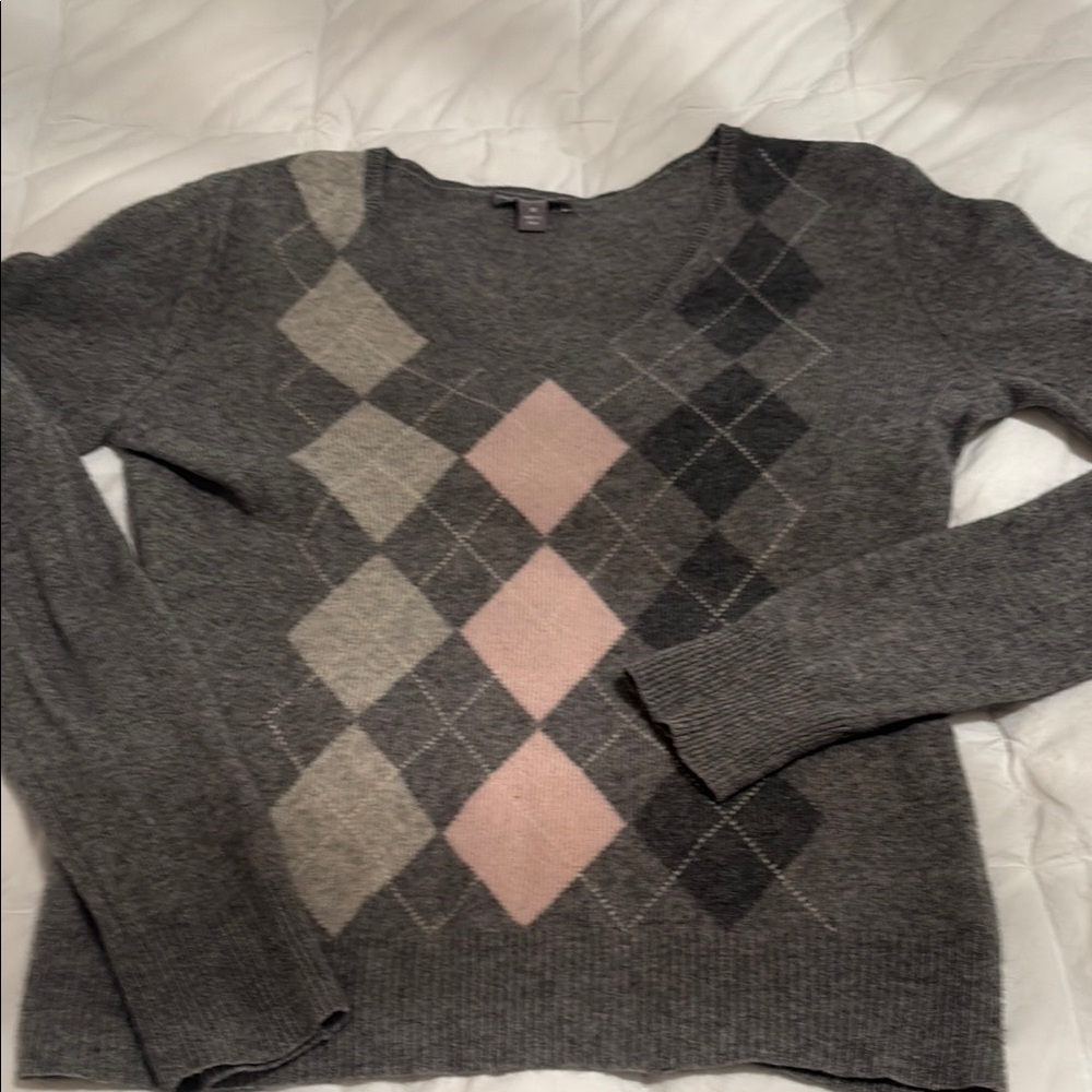 Cashmere 100% Gray Classic Argyle V neck Sweater